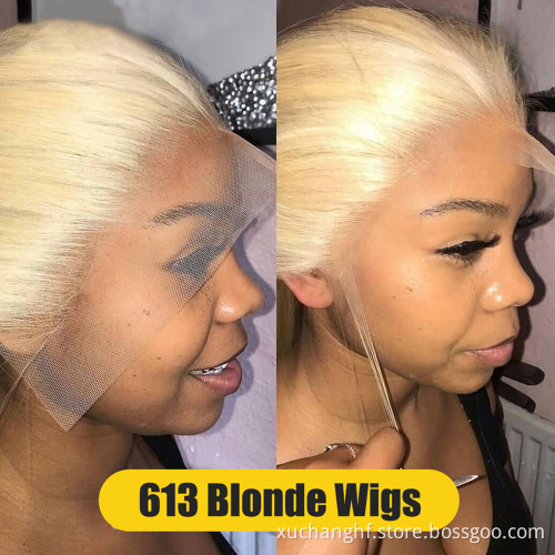 HD lace wigs virgin european remy human hair single knots lace top wigs blonde color 613# body wave